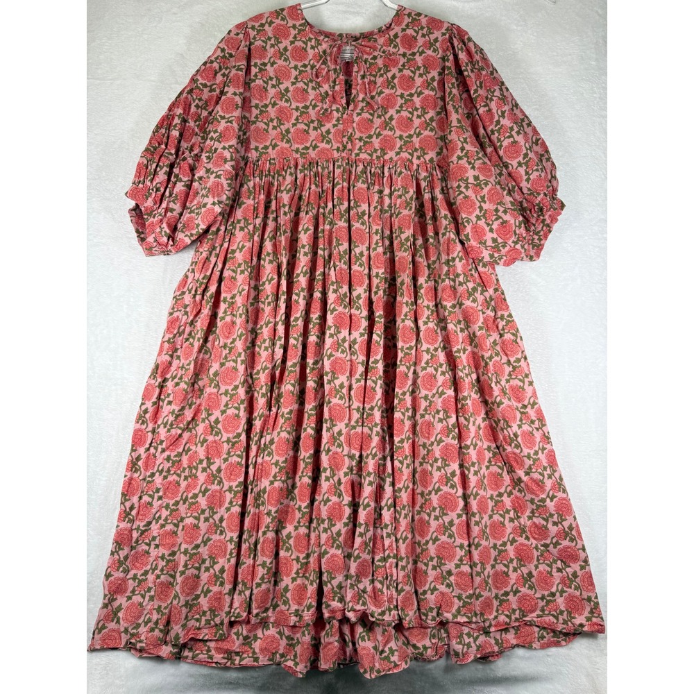 House of Sundar Pink Floral Block Print Cotton Boho Puff Sleeve Dress XL Pockets